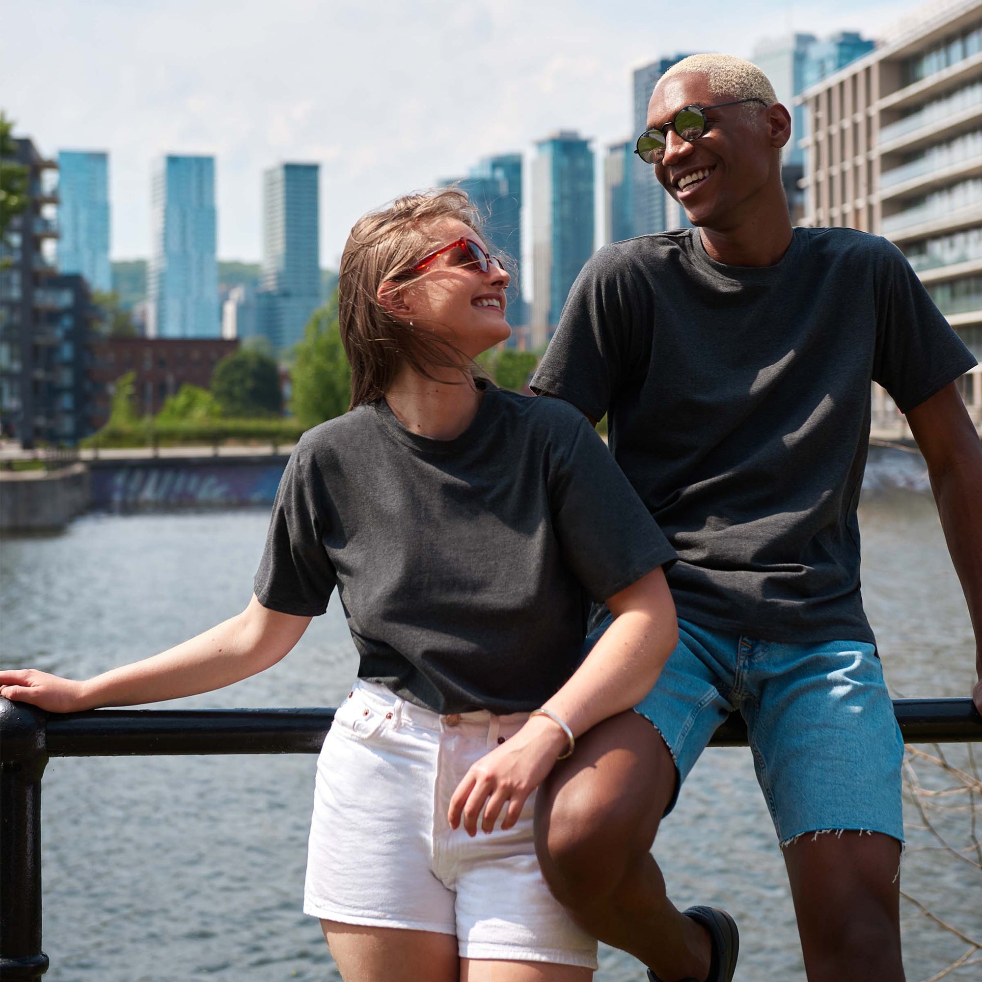 man and woman wearing grey t-shirts