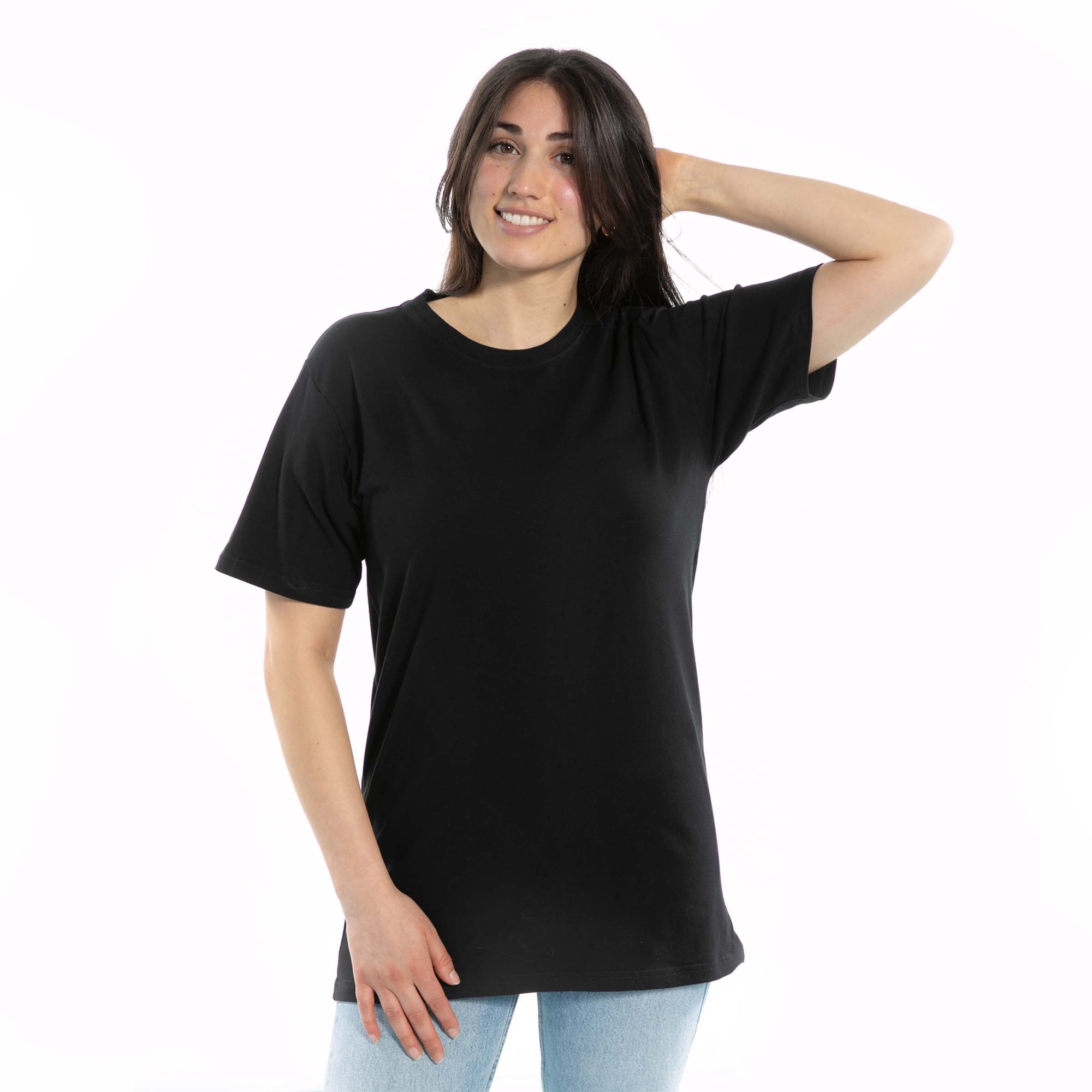 black tee female model smiling white background