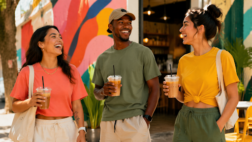 Three friends smiling and holding iced coffee drinks while standing outside a colorful café.