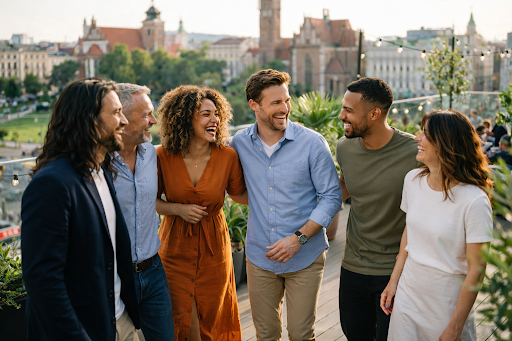 Group of friends laughing and walking together on an outdoor city terrace with historic buildings in the background.
