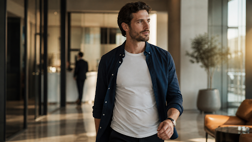 Confident man in a white crew-neck undershirt and open navy button-up walking through a bright outdoor plaza with tree and modern office building in the background