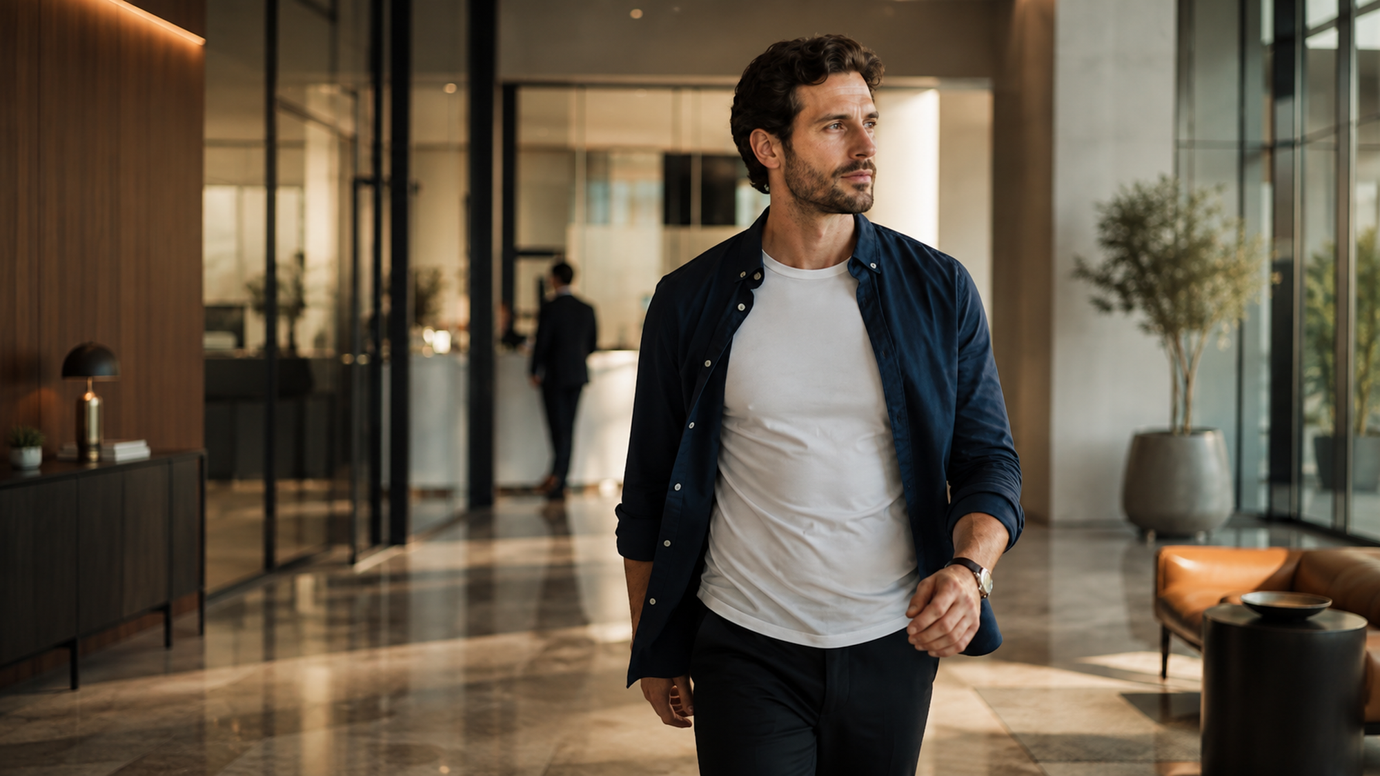 A casually dressed man in a navy overshirt and white T-shirt walks through a modern office lobby, looking to the side, with glass walls, warm lighting, indoor plants, and contemporary furniture in the background.