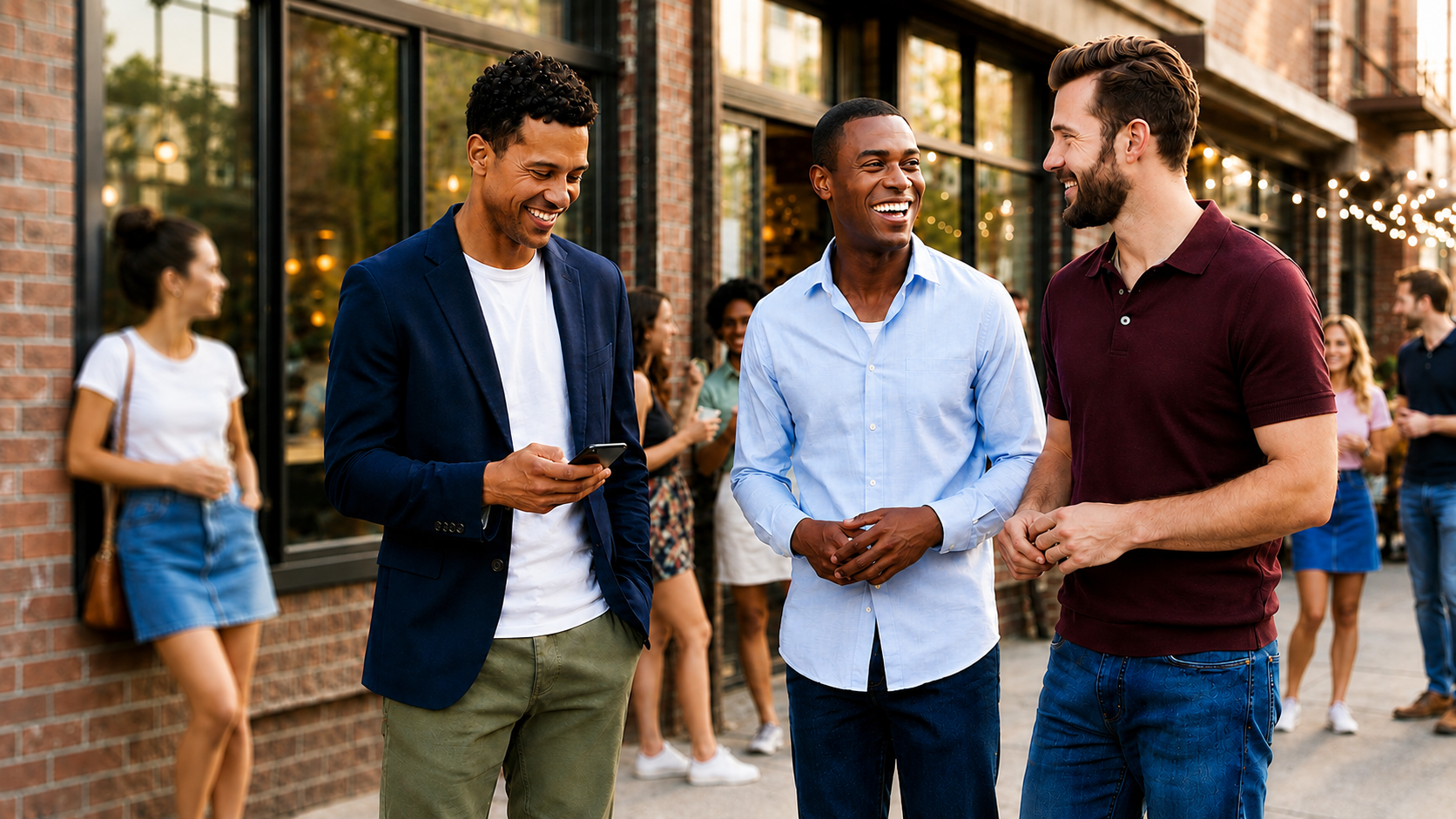Three friends laughing and talking outside a busy neighborhood café