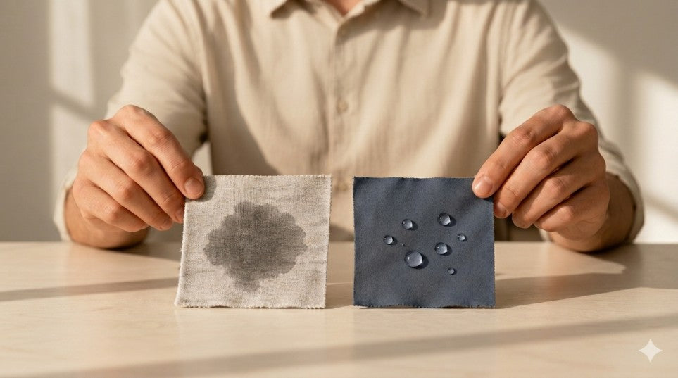 Side-by-side comparison of a standard absorbing fabric swatch and a water-resistant fabric swatch with beaded water droplets
