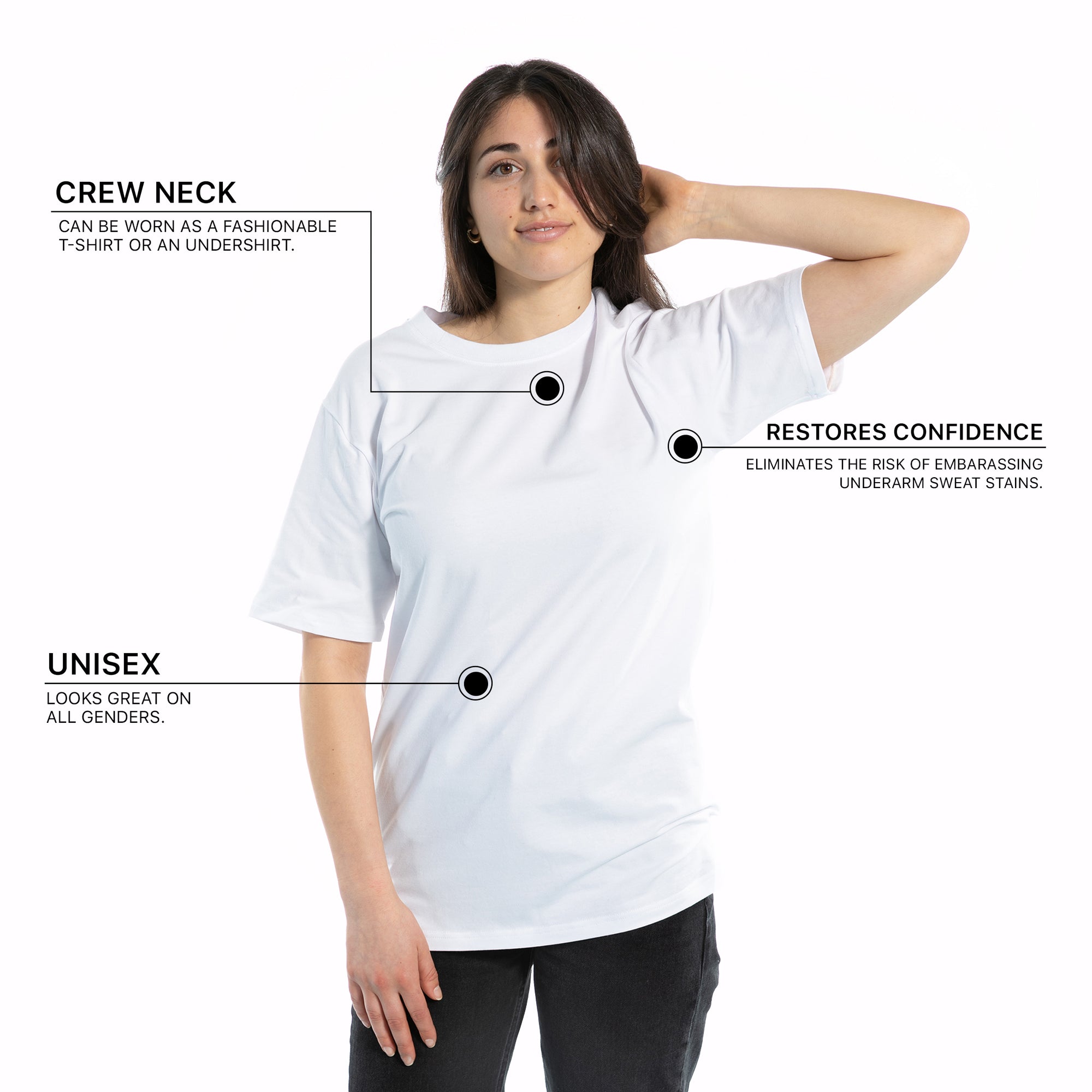 woman crew neck white t-shirt with bullet points
