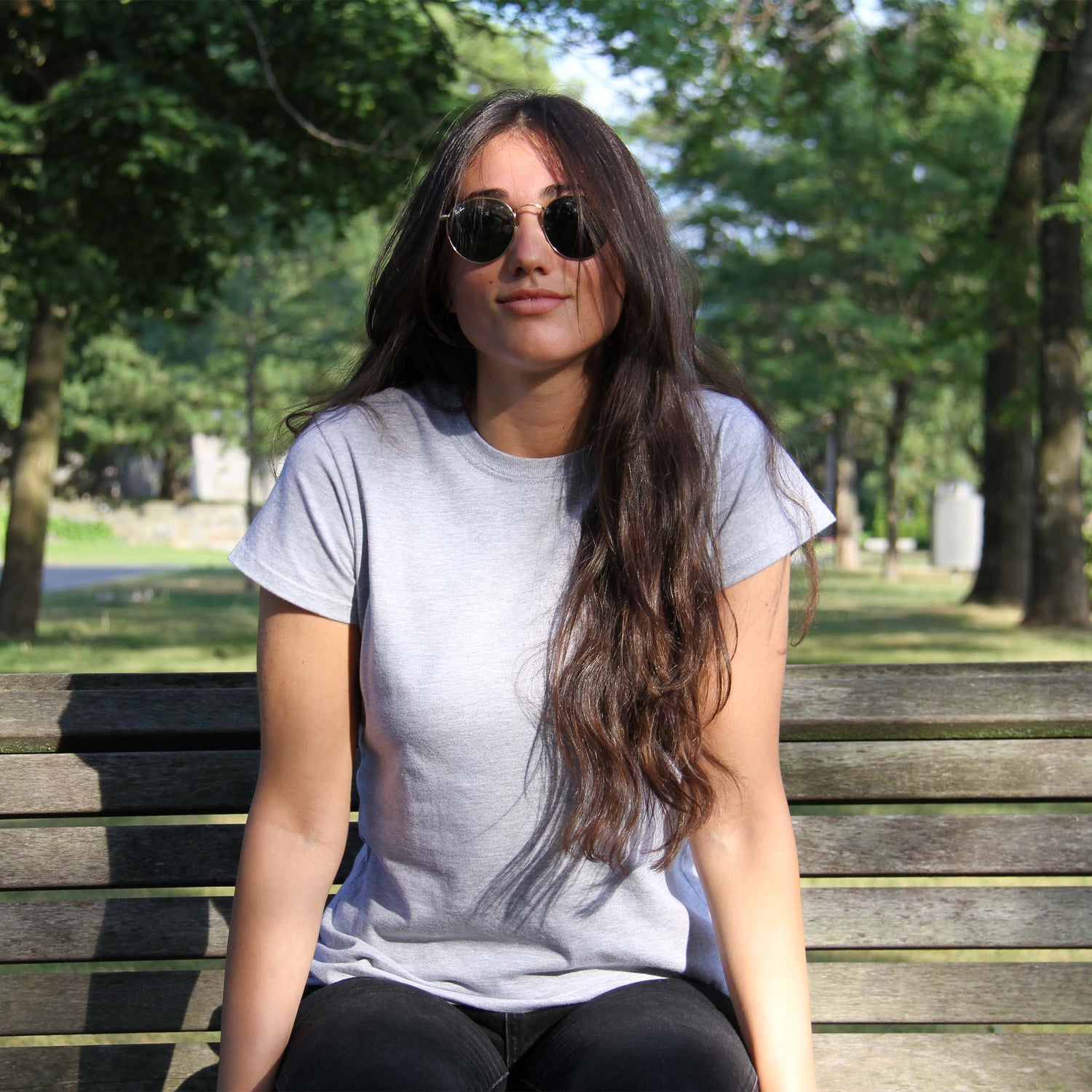 woman on bench grey t-shirt for sweat stains