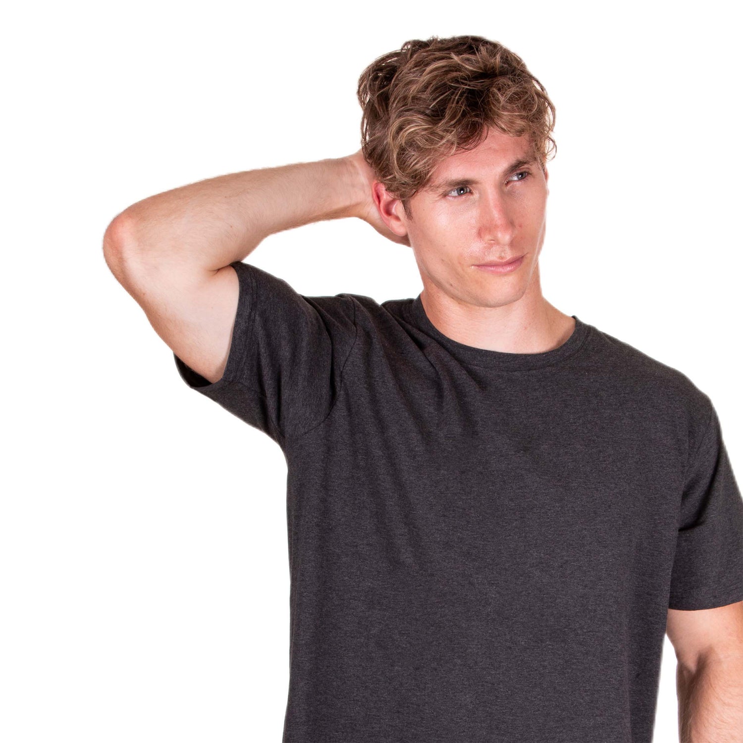 grey sweatproof t-shirt man arm behind head showing armpit