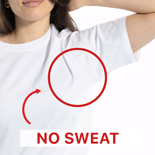White moisture-wicking T-shirt for women designed to prevent visible underarm sweat stains.