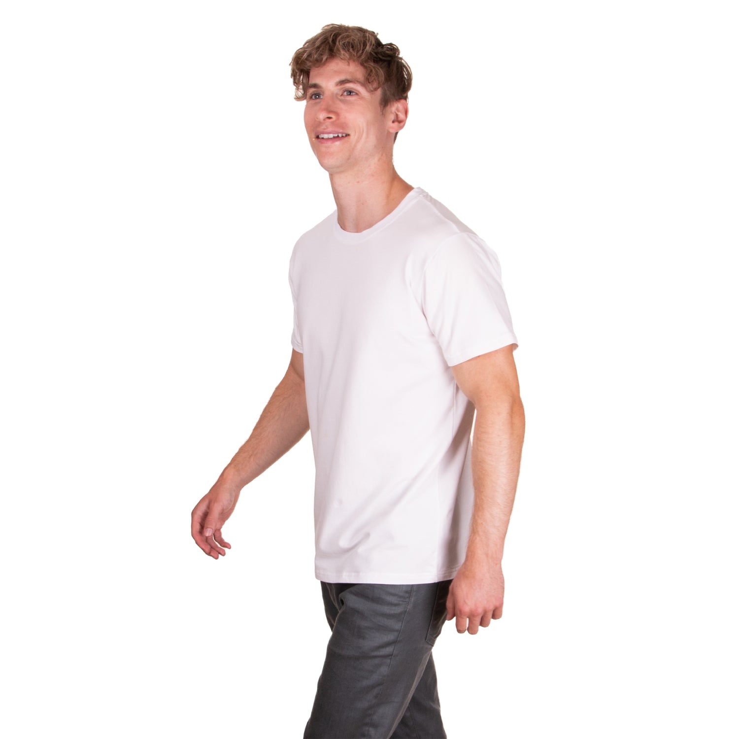 white t-shirt male model walking to left