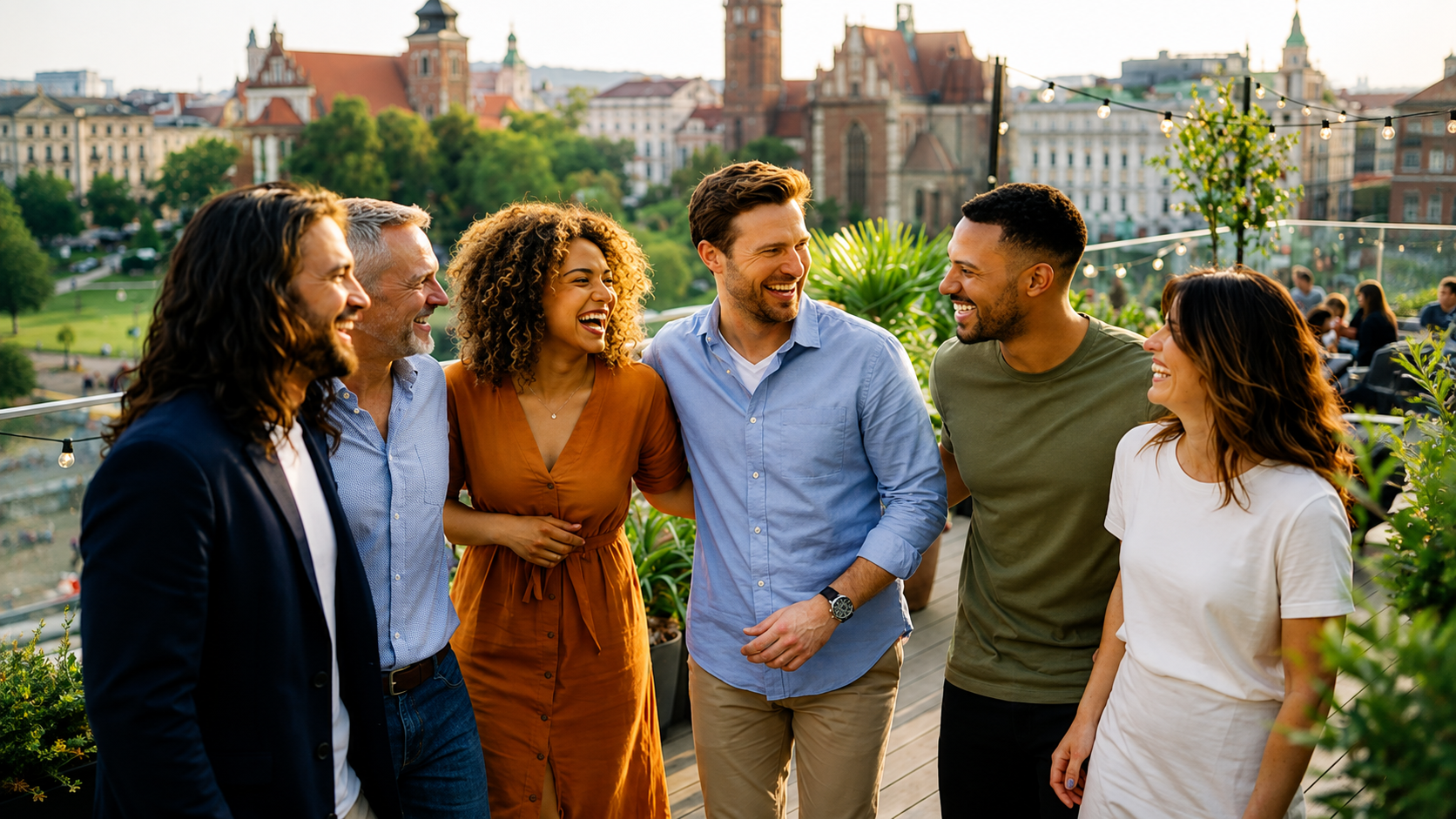 Six diverse adults laugh together on a sunny rooftop terrace, with potted greenery, string lights, and a softly blurred historic European city skyline in the background.