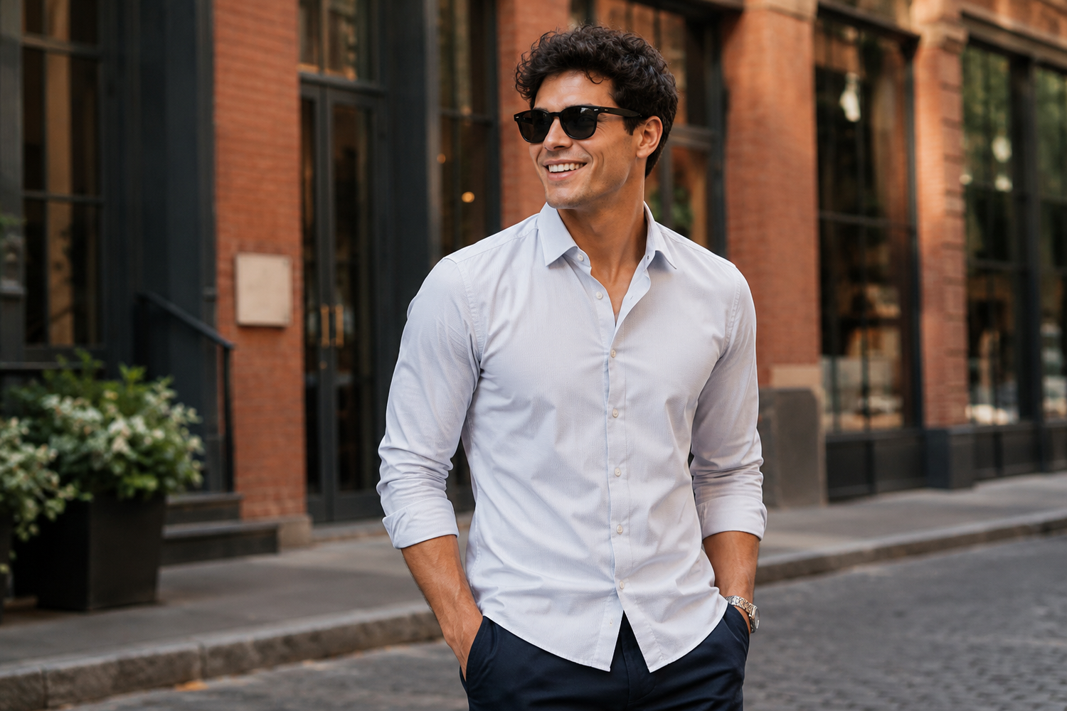 Man wearing a crisp white button-up shirt and sunglasses, standing confidently on a stylish city street.