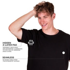sweat proof undershirt in black with infographic