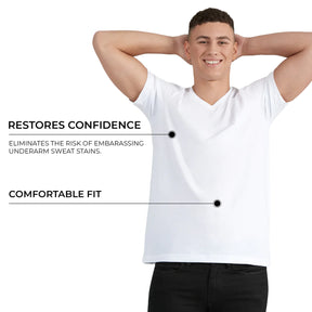 male model in white sweat resistant undershirt infographic