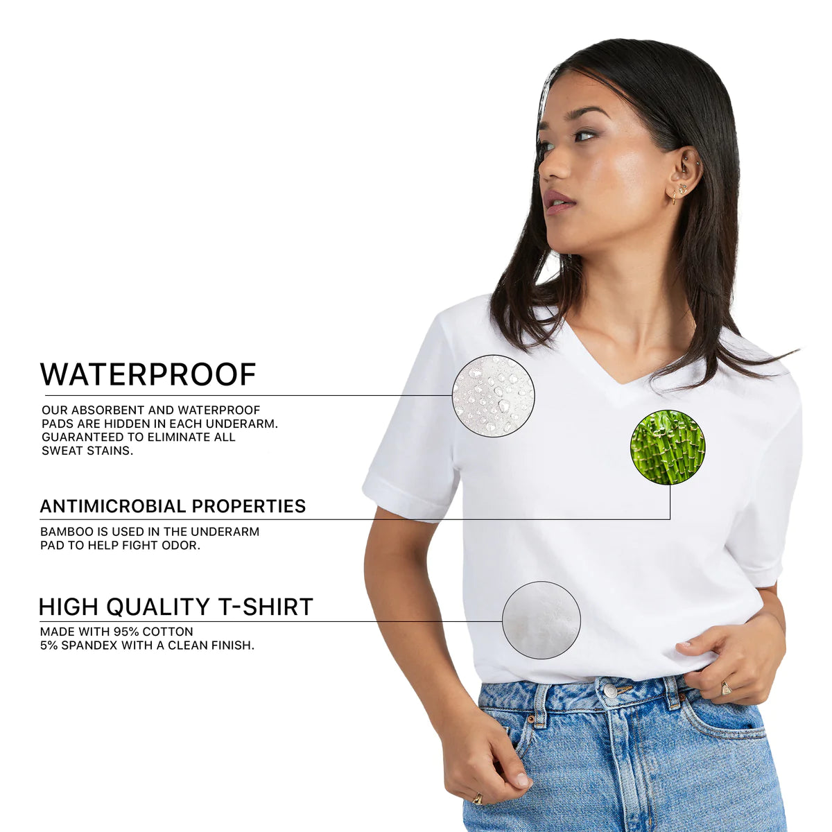 white sweat proof v-neck t-shirt for women infographic