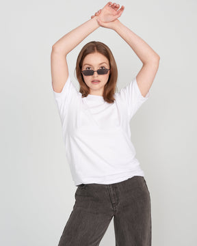 Woman wearing sweat-proof tshirt for underarm sweat stains